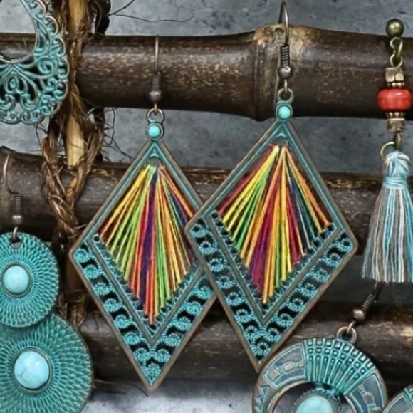 BRONZE diamond shape handmade colorful turquoise earrings - Picture 2 of 5